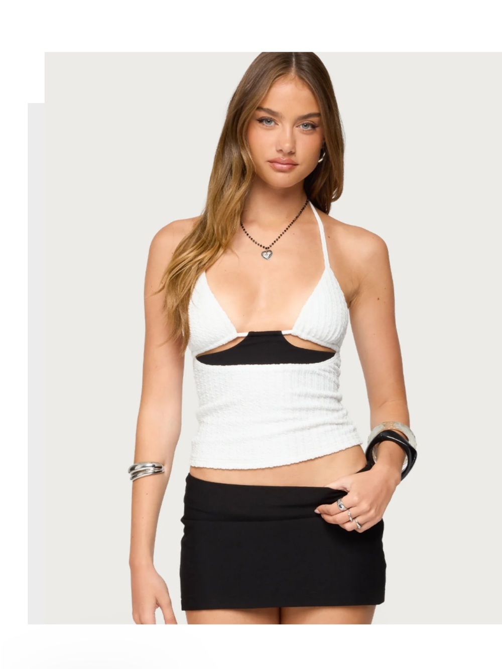Edikted White and Black Smocked Halter Crop Top